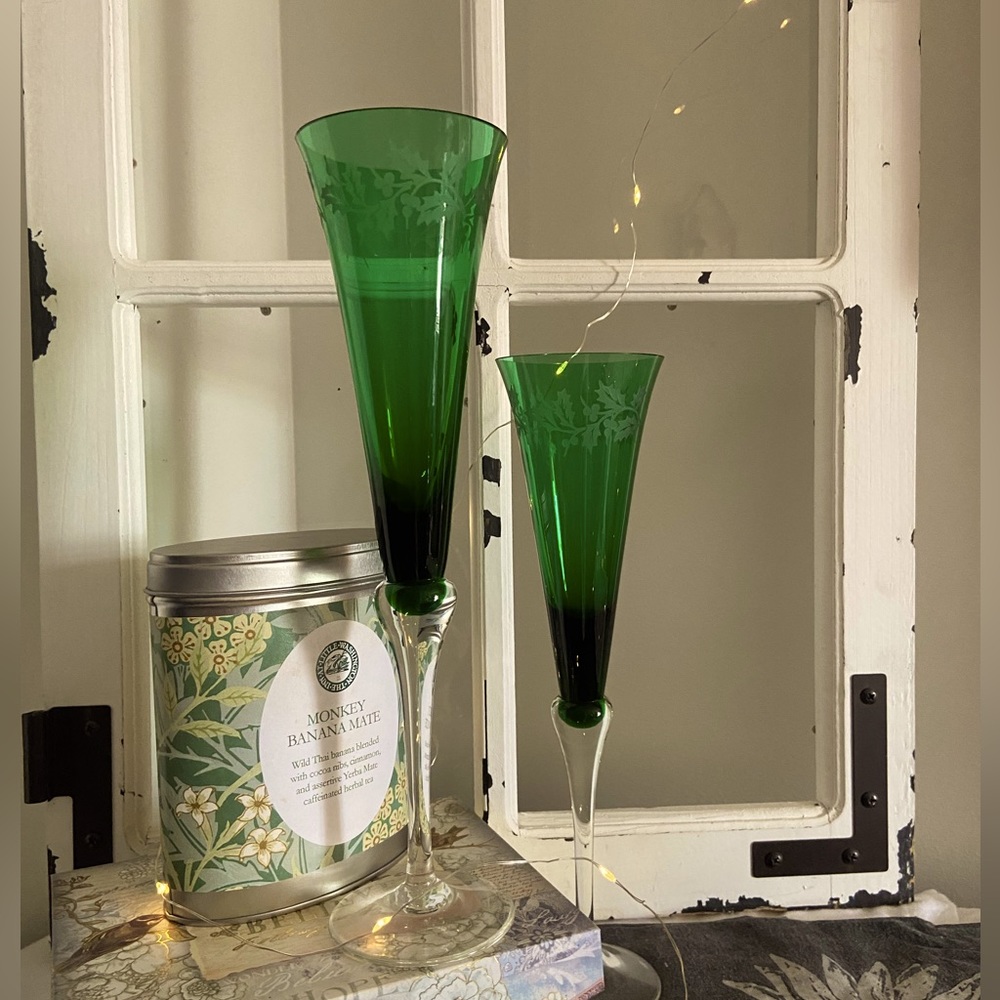 Gorgeous Green Vintage Lenox Champagne Flutes with Etched Floral Design.